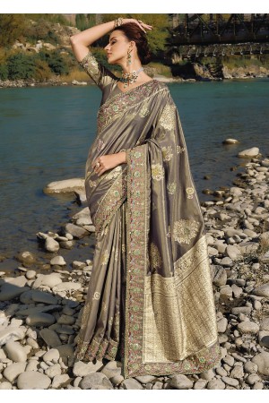 Grey banarasi silk wedding wear saree 7307