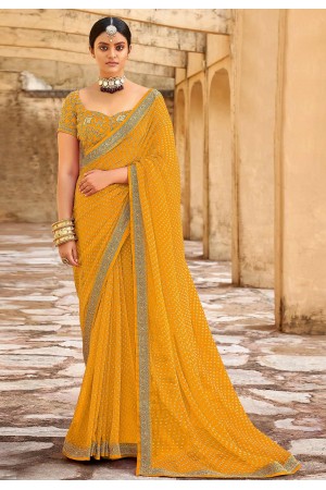Yellow georgette designer Bhandini saree with blouse 1011