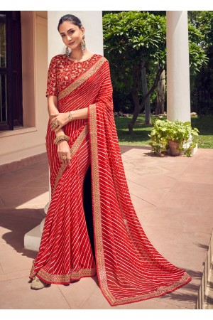Red georgette designer lehariya saree with blouse 1029a