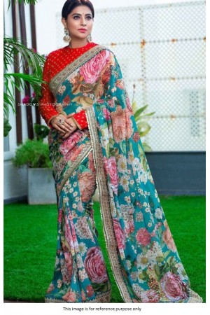 Bollywood Sabyasachi Inspired Firozi floral saree