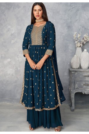 blue georgette embroidered sharara suit 8584