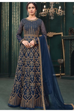 blue net embroidered floor length anarkali suit 3105