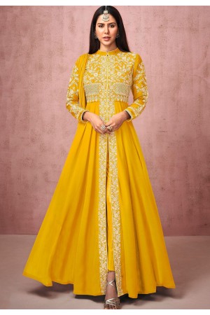 bright yellow georgette embroidered front slit anarkali suit 8524f
