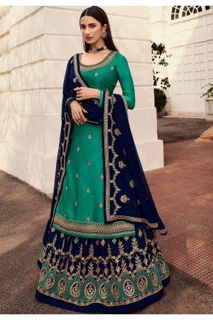 cyan blue satin georgette lehenga style suit 7004