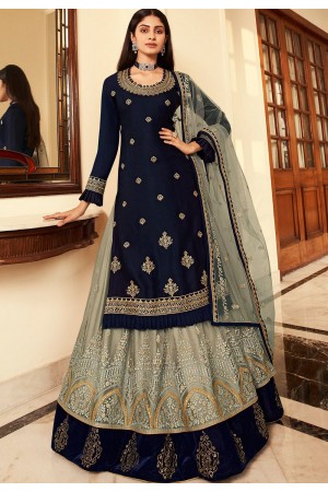 dark blue grey satin georgette lehenga style suit 7003