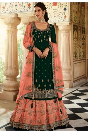 dark green peach georgette straight embroidered lehenga style suit 15158