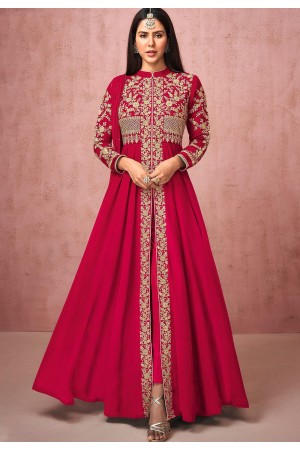 dark pink georgette embroidered front slit anarkali suit 8524c