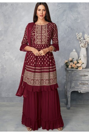 maroon georgette embroidered sharara suit 8585