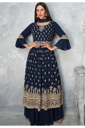 navy blue georgette embroidered sharara suit 8581
