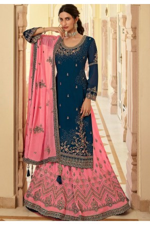navy blue pink georgette straight embroidered lehenga style suit 15161