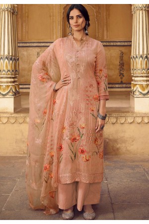 peach georgette straight printed palazzo pakistani suit 22206