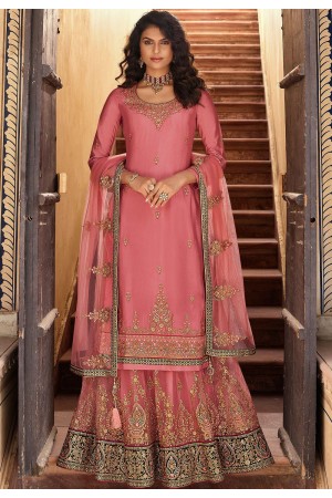 pink chinon straight embroidered lehenga style suit 15159