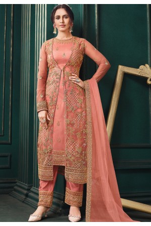 pink net embroidered straight jacket style trouser suit 3104