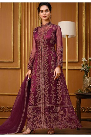 wine net embroidered front slit straight trouser suit 4732