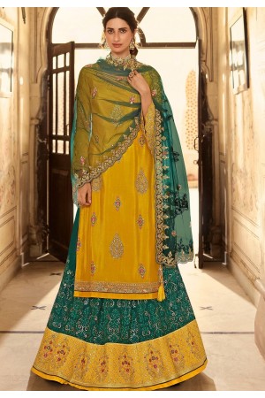 yellow blue chinon straight embroidered lehenga style suit 15160