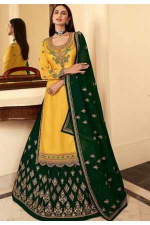 yellow green satin georgette lehenga style suit 7002