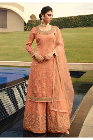 Peach jacquard silk embroidered kameez with palazzo 6701