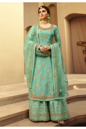 Sea green jacquard silk embroidered kameez with palazzo 6705