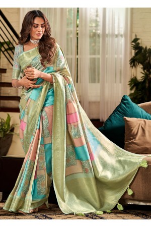 Pista green color digital print handloom silk wedding wear saree 166007