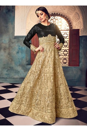 Beige and Black color net party wear anarkali suit