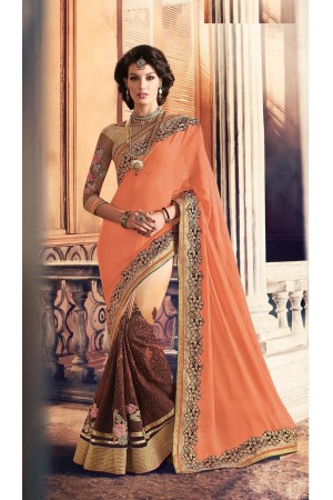 Party-wear-Brown-Beige-ApricotOrange-color-saree