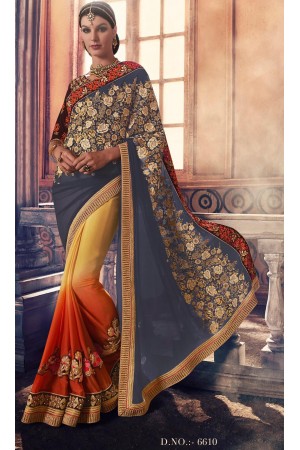 Party-wear-charcoal-Yellow-Orange-color-saree