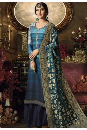 blue satin georgette digital printed sharara style pakistani suit 11046