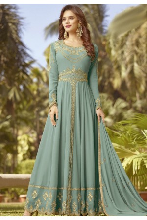 blue shade soft georgette long embroidered trouser anarkali suit 20024