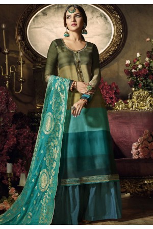 green blue satin georgette digital printed sharara style pakistani suit 11044