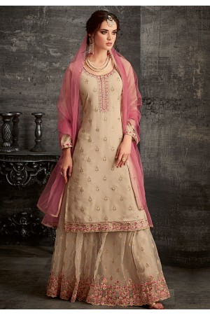 beige georgette embroidered palazzo style pakistani suit 62006