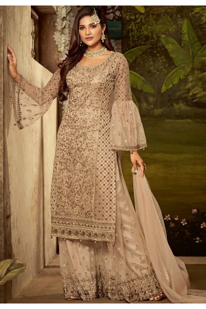 beige net embroidered sharara style pakistani suit 61006