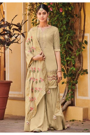 beige silk embroidered palazzo style pakistani suit 56