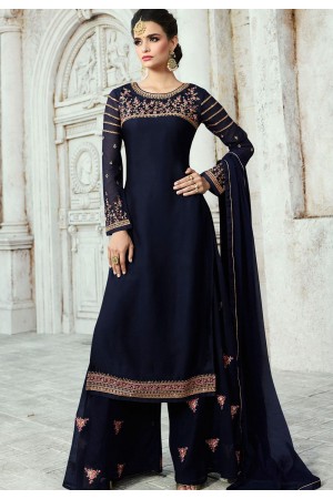 blue satin georgette straight palazzo style suit 16101