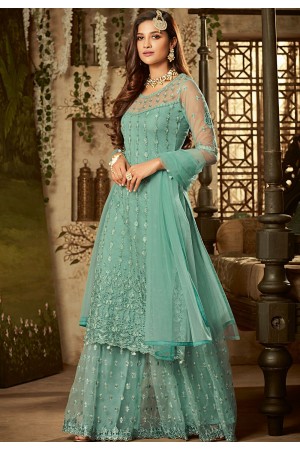 blue shade net embroidered sharara style pakistani suit 61004