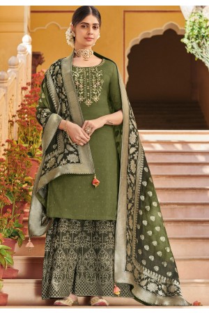 dark green elegant silk embroidered palazzo style pakistani suit 708