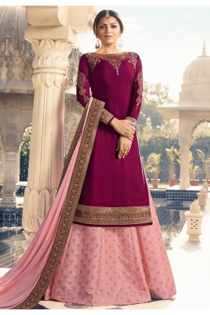 drashti dhami magenta pink satin georgette lehenga style suit 3303