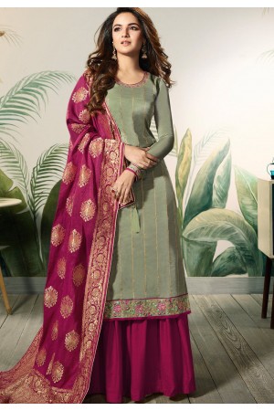 green pink satin silk sharara style pakistani suit 12001
