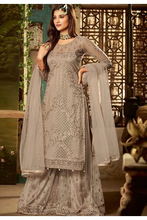 grey net embroidered sharara style pakistani suit 61002