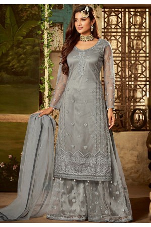 grey shade net embroidered sharara style pakistani suit 61003