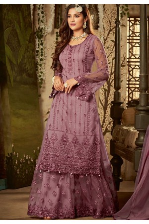mauve shade net embroidered sharara style pakistani suit 61001