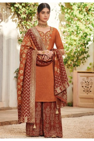 orange elegant silk embroidered palazzo style pakistani suit 704