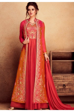 pink orange silk net long embroidered jacket style anarkali suit 39002