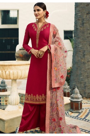 rani pink satin georgette embroidered palazzo style pakistani suit 16201