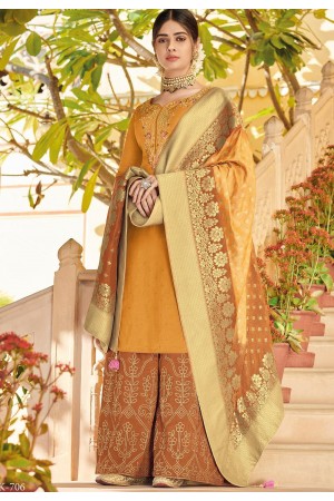 yellow elegant silk embroidered palazzo style pakistani suit 706