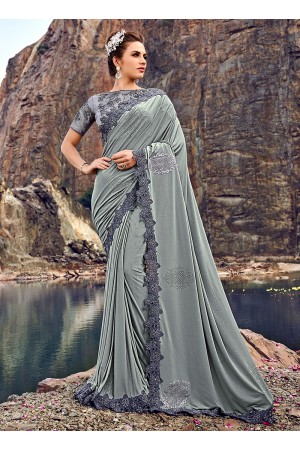 Grey diamond heavy work wedding wear saree