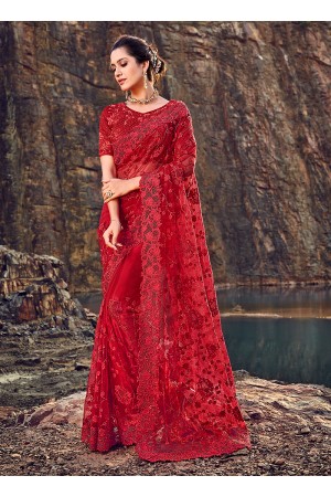 Red net diamond work wedding wear saree