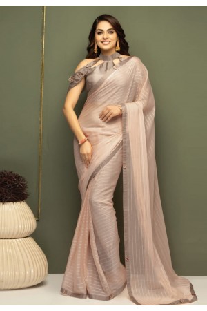 Peach chiffon designer saree with blouse SV213