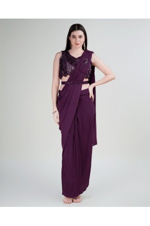 Stitched Saree with blouse in Wine colour KAT201