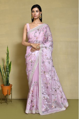 Pink satin silk embroidered saree with blouse N7266A