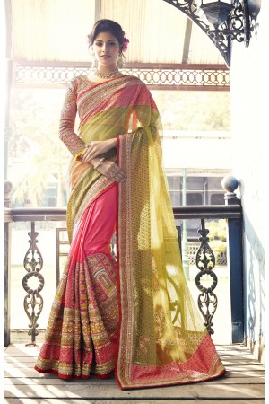 Green and pink crepe silk and net wedding wear saree